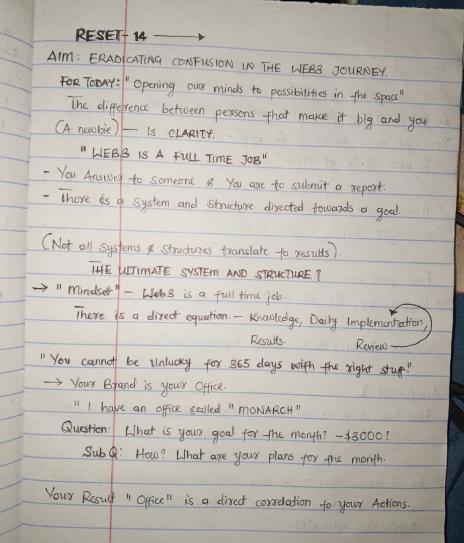 Regal_Monarch_8's tweet image. ERADICATING CONFUSION IN THE WEB3 JOURNEY

MONARCH&apos;S NOTES AND THOUGHTS

Let me tell you what I&apos;ve learnt in my 1hr of being in the class and taking notes.

@web3righteous Started by citing an illustration 

&quot;The Difference between persons that have made it big on the Web3 Space…