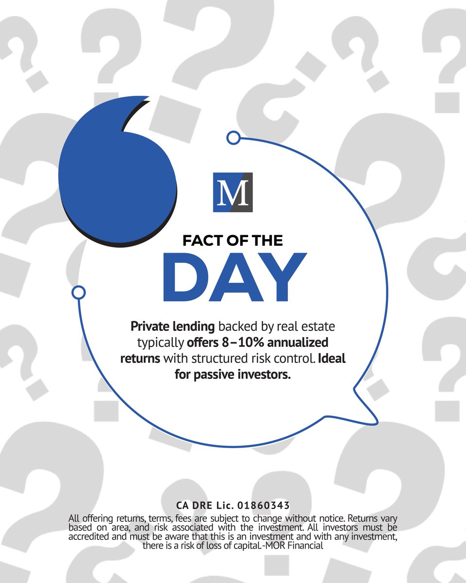 MOR_Financial's tweet image. Fact of the Day:
8–10% annualized returns with real estate collateral?
That’s why private lending continues to grow among passive investors.

#RealEstateFinance #TrustDeeds #MortgageFund #IncomeGeneration #WealthBuilding #CaliforniaInvestors