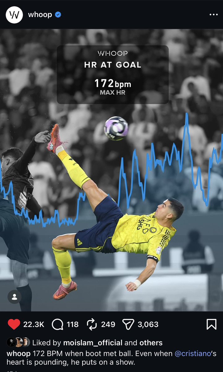 Samaralsul's tweet image. مقولة “الأداء يسبق الكلام” تجسّدت في لقطة واحدة.

في دقيقة +90
لاعب عمره 40+ سنة 
يسجّل مقصّية

و شركة @WHOOP  توثّق نبضه 172 bpm عند لحظة التسديد، ثم تكشف عمره الحيوي 28.7 سنه فقط.

هذا ليس مجرد هدف… هذه قصة نجاح عالميه في الأداء البشري.

والأجمل؟
كل من يحب WHOOP شاف اللحظة.
كل…