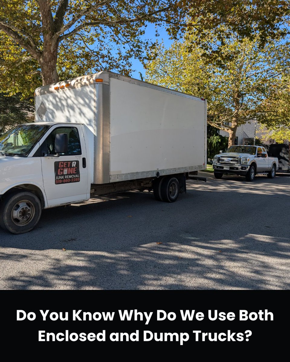GetRGone's tweet image. Why do we use both enclosed &amp;amp; dump trucks? 🚚♻️
Because every job’s different — enclosed for donations, dump for debris.
It’s how we keep things efficient and eco-friendly. 🌎
Donation first. Junk removal second.
👉 getrgone.ca/book

#getRGone #JunkRemoval