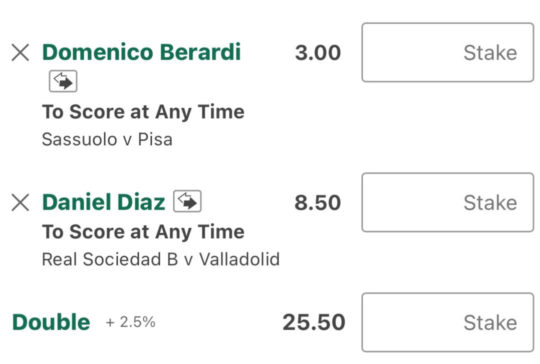 🇮🇹 Domenico Berardi AGS - 3.0 (0.5 Units)

🇪🇸 Daniel Díaz AGS - 8.5 (0.3 Units)

Double - 25.5 (0.2 Units)

Daniel Díaz Price looks off to me. Scored just 2/ 10 but both recently &amp; on pens
Usually comes off the bench and still averages 1+ Shot. Sub scored 3/10
<a href="/AnytimePicks365/">Anytime Picks ⚽</a> 👀