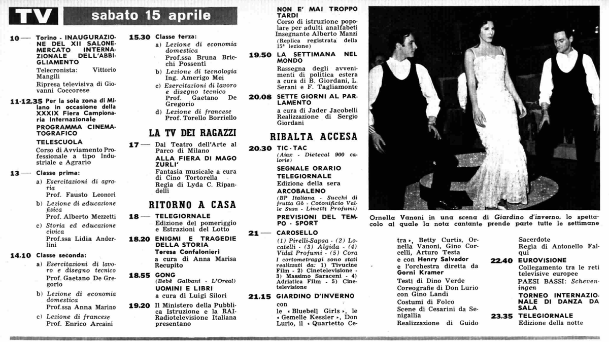 #unaTVfa in ricordo della grande Ornella #Vanoni, tra le pochissime - insieme alle Gemelle #Kessler, con lei nel cast fisso di "Giardino d'inverno" nel palinsesto di sab. 15 apr. '61 - ad apparire alla tv italiana in tutti i suoi otto decenni, dagli anni '50 agli attuali '20.