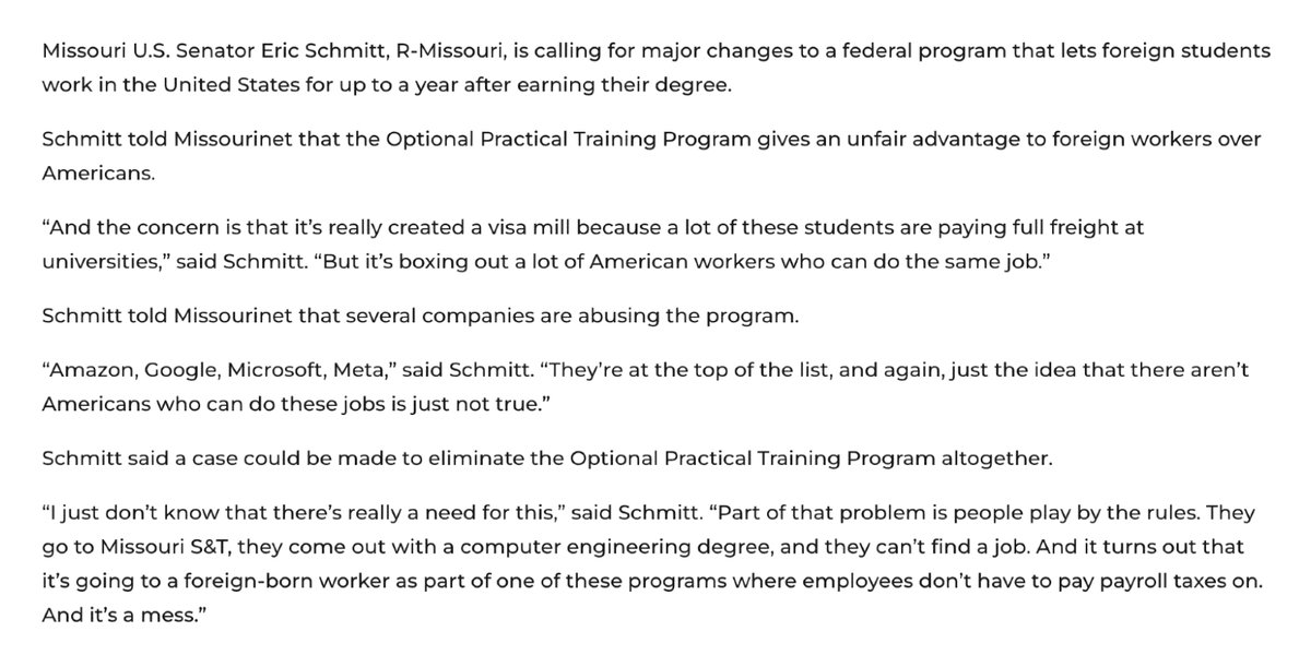 SenEricSchmitt's tweet image. Young Americans should not be forced to compete against an uncapped flood of foreign labor in their own country.