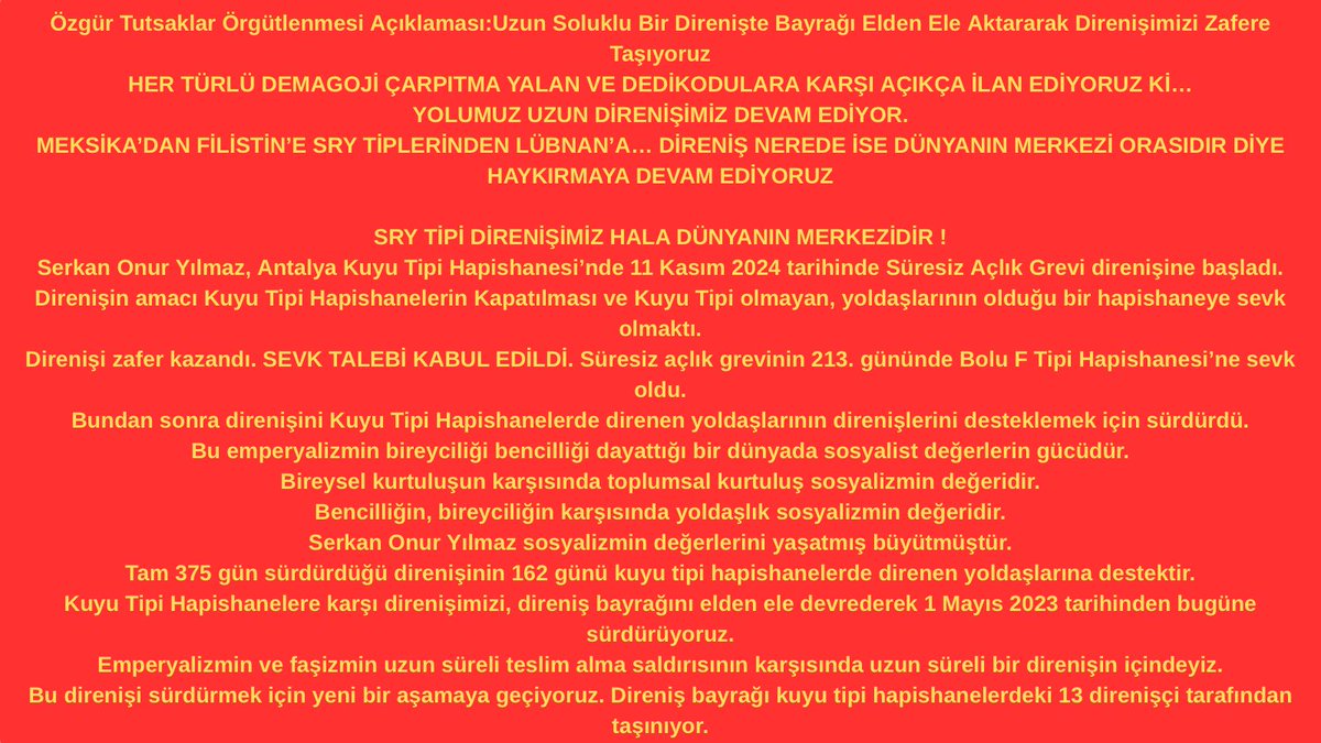 4tayadli1986's tweet image. Serkan Onur Yılmaz Ölüm Orucu direnişine ara verdi! Biz siyasi zaferi direnme kararı aldığımız an kazanmıştık zaten. Özgür Tutsaklar Örgütlenmesi’nin açıklamasını sizlerle paylaşıyoruz; 

#KuyuTipiHapishanelerKapatılsın