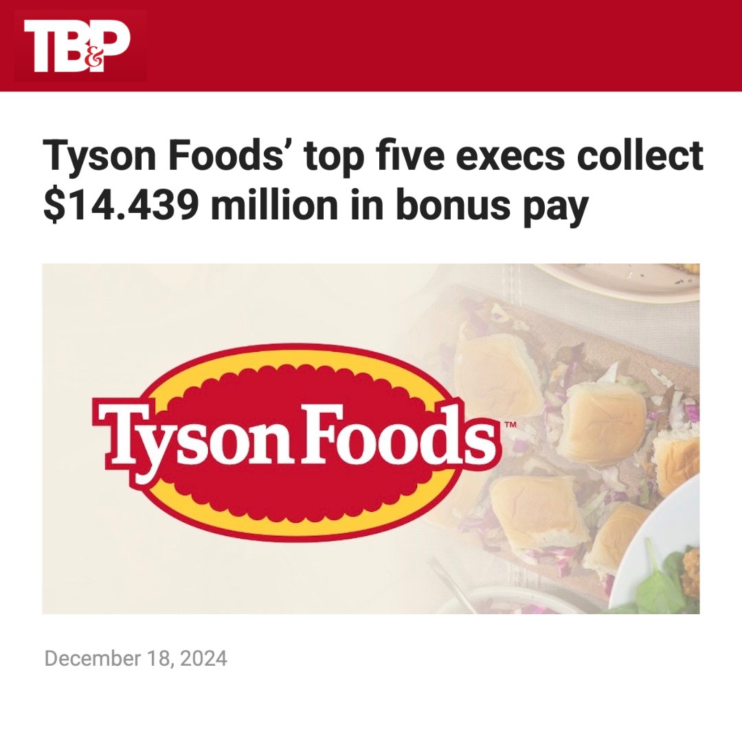 osbornforne's tweet image. The same executives that just fired 3,200 workers in Lexington a week before Thanksgiving collected $14.4 Million in bonus pay last year. 

talkbusiness.net/2024/12/tyson-…