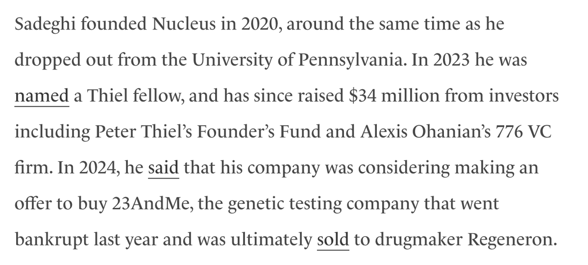 shae_mcl's tweet image. This all started when they gave a thiel fellowship to a kid who had only completed 1-2 years of undergrad comp bio so he could drop out and re-invent 23&amp;amp;Me. I always find it funny that the griftiest biotech startups have roughly the same idea that every student brainstorms on day…