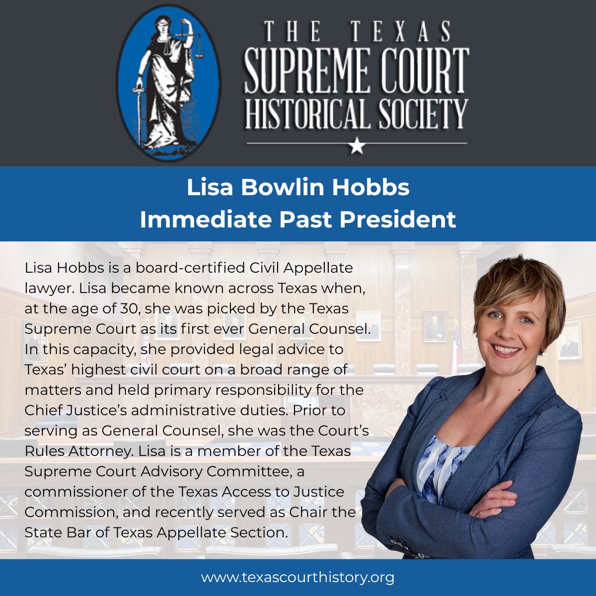We are excited to next spotlight Lisa Bowlin Hobbs. She is a Founding Member of Kuhn Hobbs PLLC. Lisa is a past-Chair of <a href="/statebaroftexas/">State Bar of Texas</a> Appellate Section, and she is the Immediate Past President of the <a href="/SCOTXHistSocy/">Texas Supreme Court Historical Society</a> .

#TXlaw #TXlawyer #TXlawyers #TSCHS #TBLS #SCOTX