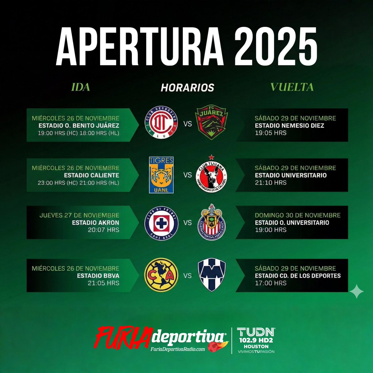 FuriaTUDN's tweet image. #FuriaDeportiva

📅 ¡QUEDARON LISTOS LOS HORARIOS!

La Liga MX confirmó las fechas y horarios para los partidos de Liguilla del Apertura 2025.

Los equipos ya conocen su camino y la batalla por el título está por comenzar.

#FuriaTUDN #FuriaNeta #LigaMX #Apertura2025 #LiguillaMX