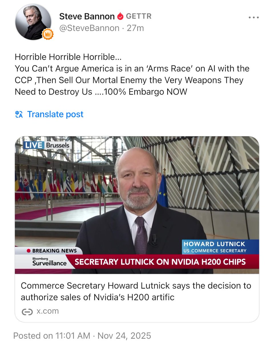 Horrible Horrible Horrible… 
You Can’t Argue America is in an ‘Arms Race’ on AI with the CCP ,Then Sell Our Mortal Enemy the Very Weapons They Need to Destroy Us ….100% Embargo NOW  

x.com/BloombergTV/st…