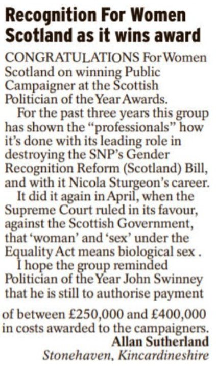 sud55_allan's tweet image. My letter in the Express and Edinburgh Evening News today. Swinney owes @ForWomenScot  at least £250k