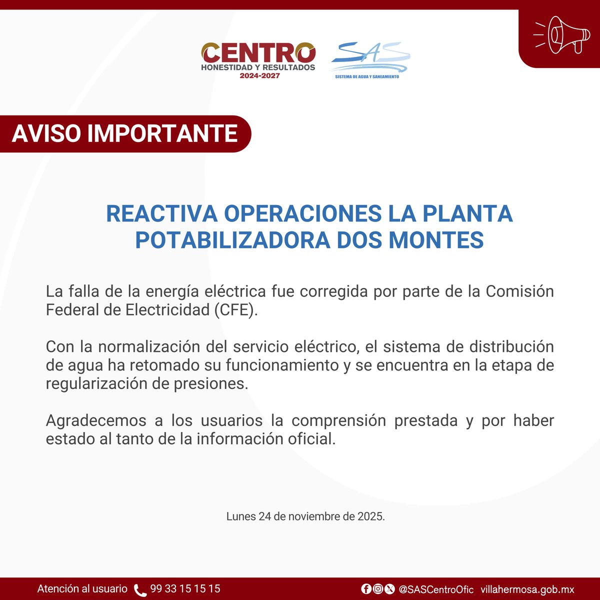 Reactiva operaciones la planta potabilizadora Dos Montes
#AvisoSAS <a href="/CentroInforma/">Ayuntamiento de Centro</a>