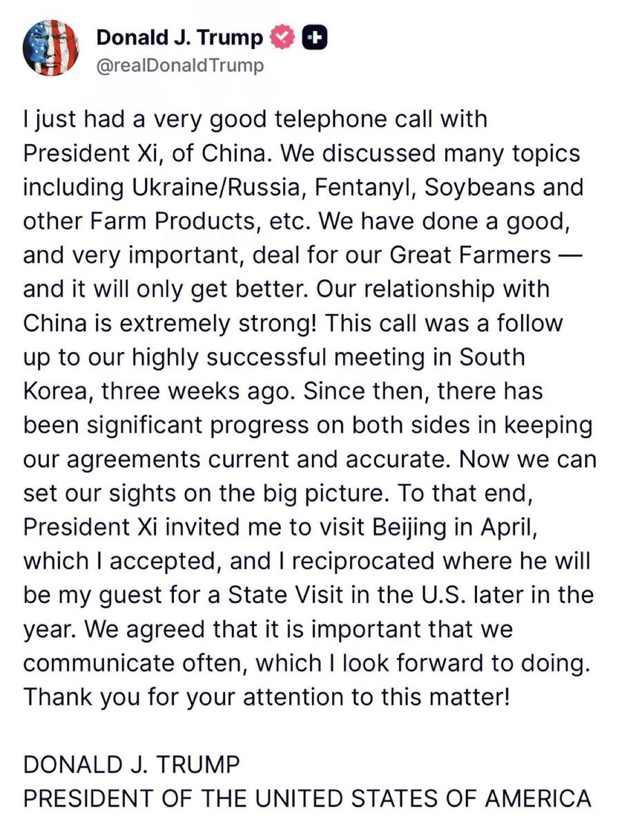 ⚡️U.S. President Donald Trump on his call with Chinese President Xi Jinping: