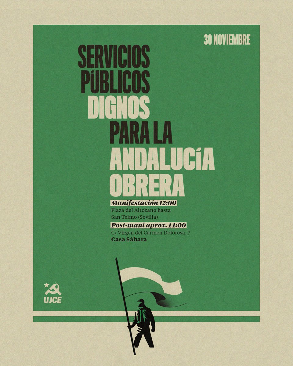 Este 30N saldremos a la calle para luchar por unos servicios públicos dignos al servicio de la clase obrera.

Os esperamos en nuestro bloque a las 12h en la plaza del Altozano (Sevilla) y, después, en la casa Sáhara.

Recuerda: luchar por lo público es luchar por tu clase ✊🏼