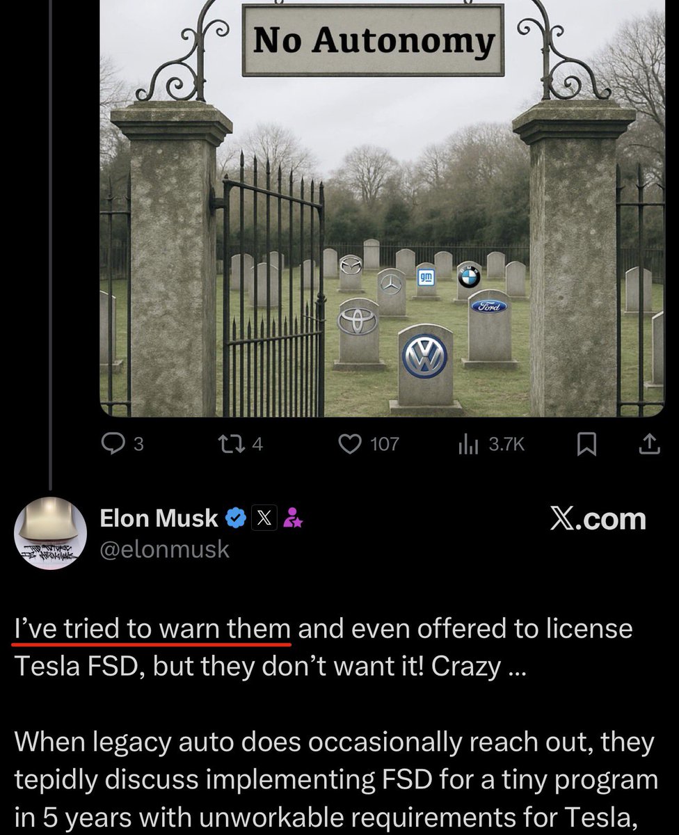 TheSonOfWalkley's tweet image. BREAKING: ELON MUSK SAYS — HE “WARNED” LEGACY AUTO THAT AUTONOMY IS COMING 👀 $TSLA

They will go extinct !