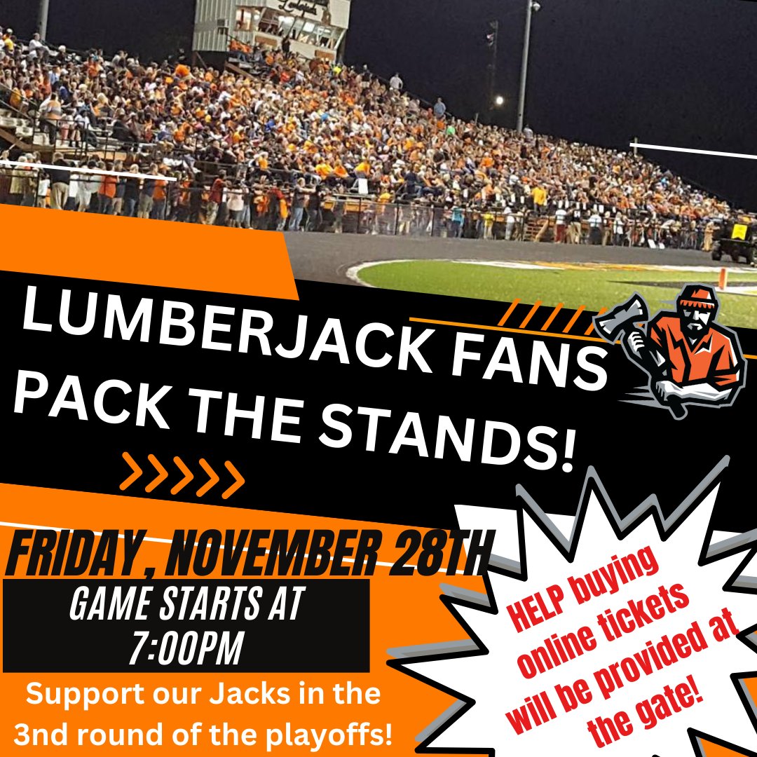 WarrenSD71671's tweet photo. Lumberjack fans, we need you!
Join us Friday night as our Warren Lumberjacks take on the Prairie Grove Tigers in Round 3 of the 4A State Playoffs. Let’s pack the stands, bring the noise, and show these boys that their community is proudly behind them every step of the way! https://t.co/xew4B1IogX