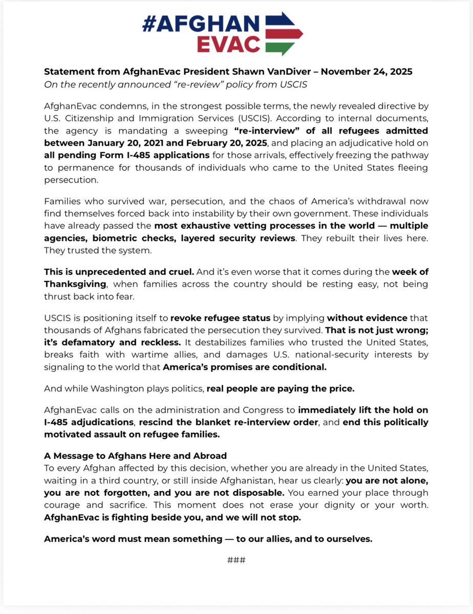 afghanevac's tweet image. Our statement on the new USCIS policy regarding refugees and a summary of what the memo lays out. 

#AfghanEvac