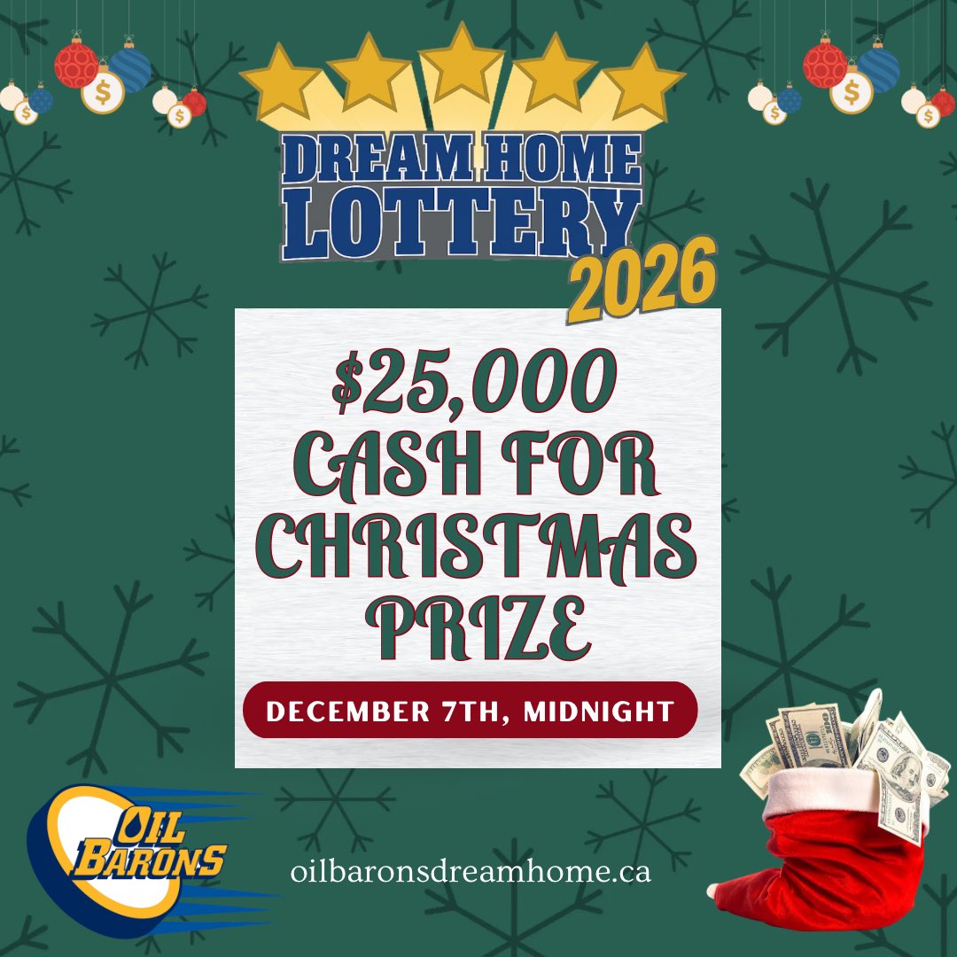 What’s better than cash before Christmas? 🎄💰

Cut-off for the $25,000 Christmas Cash Prize is December 7 at midnight — draw goes December 14!

Don’t miss out ➡️ Get your Oil Barons Dream Home tickets: oilbaronsdreamhome.ca