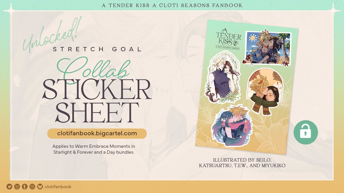 clotifanbook's tweet image. 🔓 COLLAB STICKER SHEET UNLOCKED!

Our beautiful collab sticker sheet by @seilidare @TEW_Artist @Miyukiko &amp;amp; @katsuartsu is now included in all of our physical bundles for free ✨✨✨ #CloTi 

The shop will close on Nov 30th, only a few days left to grab a copy! 💛