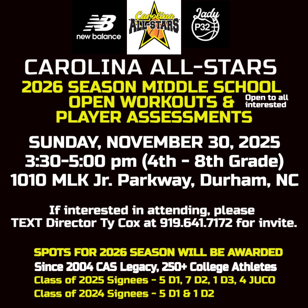 carolinallstars's tweet image. 🚨Carolina All-Stars 2026 Season @newbalancehoops Circuit Middle School 4th-8th Grade OPEN WORKOUTS &amp;amp; PLAYER ASSESSMENTS

Sun 11/30: 3:30-5p 1010 MLK Jr.  Pkwy, Durham

Multiple Teams from Developmental to Exposure

Registration Link:
carolinaallstars.leagueapps.com/clubteams/4800…

250+ College Alums