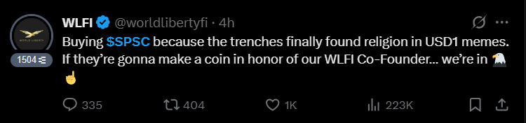 WorldLibertyfi - WLFI is building the future of finance. USD1 is just the beginning trusted by users, institutions, and everyone in between. 🦅

also ....

<a href="/worldlibertyfi/">WLFI</a> - shilling Shit Piss Skin Can $SPSC ... 

wtf 🤣