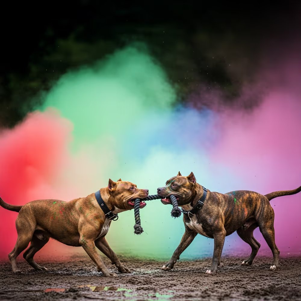 BarkCanvasNFT's tweet photo. Good night #SplatterLegions fam !!!
Seeking #volunteers... who would break the tug war from those #AmericanPitBulls ⁉️🤨#dare
#SLEN 134 @ 0.005 $ETH
https://t.co/W2cZn6Gr2X
1/1 #NFT #AnimalsNFT #DogNFT #PitBull #TugWar #NatureNFT #AIArt #ColorChaos #EchoesofNature https://t.co/6uhOIiEo8y