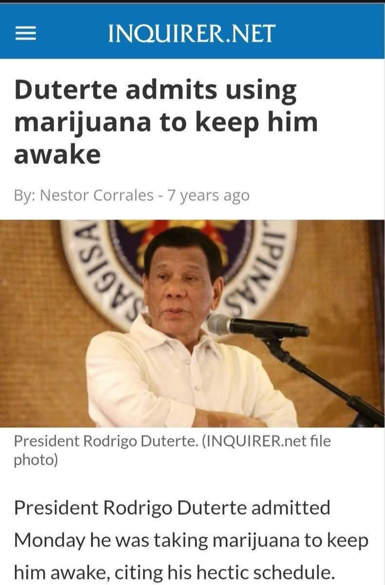 imtheatan's tweet photo. Araw-araw sumisigaw ang minions ni Sara Duterte na mag–hair follicle test ang Pangulo.

Meanwhile, the only president in PH history who literally admitted on record to using marijuana “to stay awake” is… drumroll… Rodrigo Duterte. 

Baka sabihin nyo hyperbole lang ‘to? 

DDS logic:

✔️ Self-confessed marijuana user: acceptable
❌ President with negative drug test: “suspicious, kailangan pa  hair follicle!”

You really can’t make this stuff up.

Parang gusto nilang i-drug test ang buong mundo except… themselves.