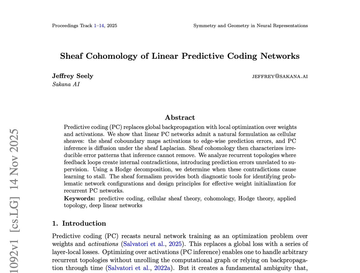 Sharing a new bite-sized paper:

Predictive coding network == cellular sheaf

We put linear predictive coding networks into the language of sheaf theory, and use cohomology/Hodge decompositions to understand when recurrent PCNs actually learn.