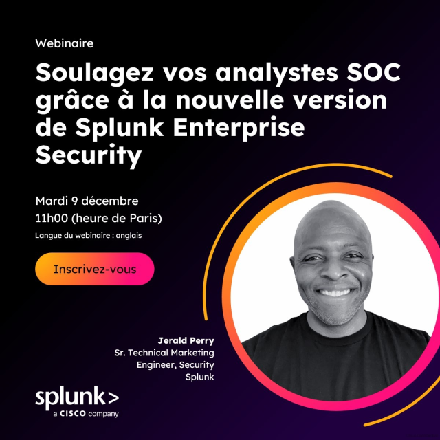 henryvillar's tweet image. Les SOC sont confrontés à la prolifération des outils, aux déluges d’alertes et à l’évolution constante des menaces. Dans ce webinaire, Jerald Perry, Sr. Technical Marketing Engineer, présentera et expliquera comment Splunk ES Editions peut transformer... bit.ly/4oZvXrB