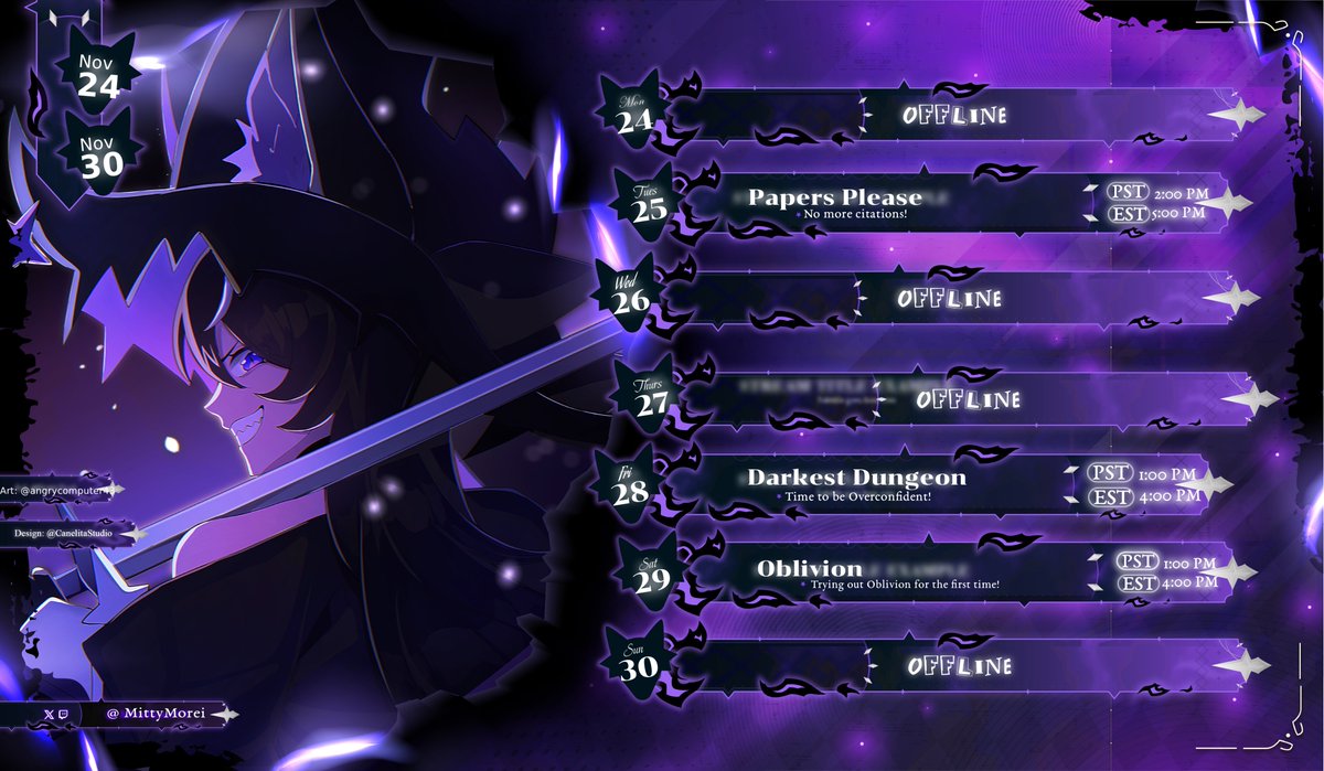 MittyMorei's tweet image. 𝘀𝘁𝗿𝗲𝗮𝗺 𝘀𝗰𝗵𝗲𝗱𝘂𝗹𝗲 ⭑ 𝗡𝗼𝘃 𝟮𝟰𝘁𝗵 - 𝟯𝟬𝘁𝗵
𝘁𝘄𝗶𝘁𝗰𝗵  ⭑ 𝗺𝗶𝘁𝘁𝘆𝗺𝗼𝗿𝗲𝗶

Shorter stream week because of the Holiday but playing some super fun games and starting Oblivion!!