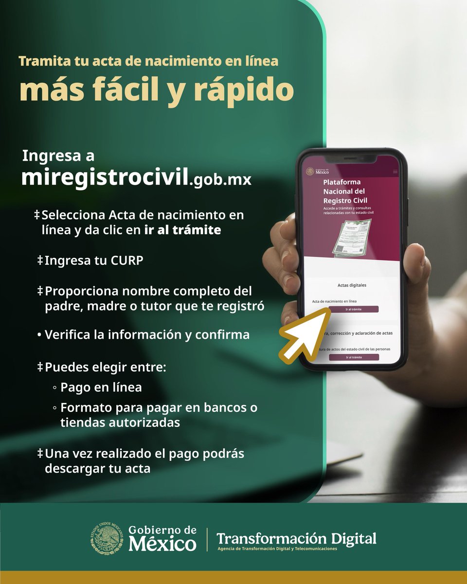 AgenciaGobMX's tweet image. Descarga  tu acta de nacimiento digital sin salir de casa

¿Qué necesitas?

-Inicia sesión o crea  una cuenta en Llave MX
-Entra al portal de la Plataforma Nacional del Registro Civil  miregistrocivil.gob.mx y selecciona trámite en línea 
-Ingresa tu CURP 
-Proporciona los datos…