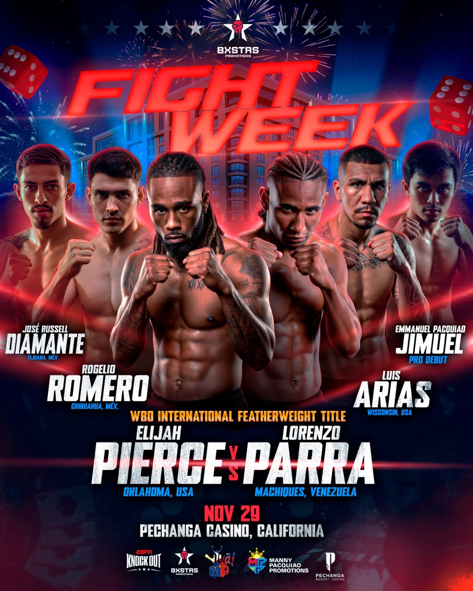 Semana de Campeonato Internacional <a href="/WorldBoxingOrg/">WBO</a> peso Pluma en <a href="/PechangaCasino/">Pechanga Resort Casino</a> 🇺🇸: Elijah Pierce 🆚 Lorenzo Parra .

En acción: 
Luis Arias 🆚 Lázaro Lorenzana.
Haciendo su debut en Estados Unidos nuestros peleadores mexicanos Rogelio Romero y José ‘Diamante’ Russell 🇲🇽
La