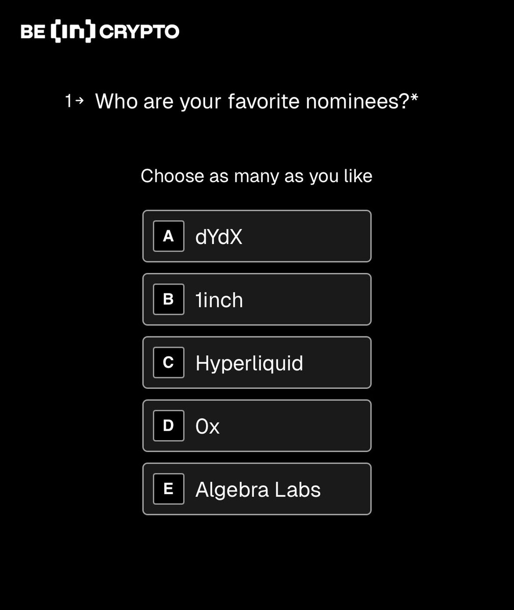 DanSpuller's tweet image. BA members @dYdX, @1inch, and @0xProject have all been nominated for @beincrypto’s
Best #Decentralized Exchange (dEX) Award — recognizing teams setting the standard in liquidity, innovation, and user experience.

Show your support and vote below:👇👇