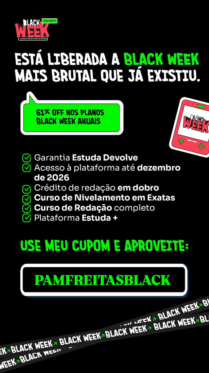 studiegaryen's tweet image. GENTEEEE 🗣️

Agora estou com CUPOM DE 60% OFF NA ESTUDACOM 😱😱 

🎟️ PAMFREITASBLACK 

✅ Crédito de redação em dobro
✅ Acesso à plataforma até dezembro de 2026
✅ Estuda Devolve
✅ Curso de nivelamento em exatas
✅ Curso de redação completo

link: estuda.com