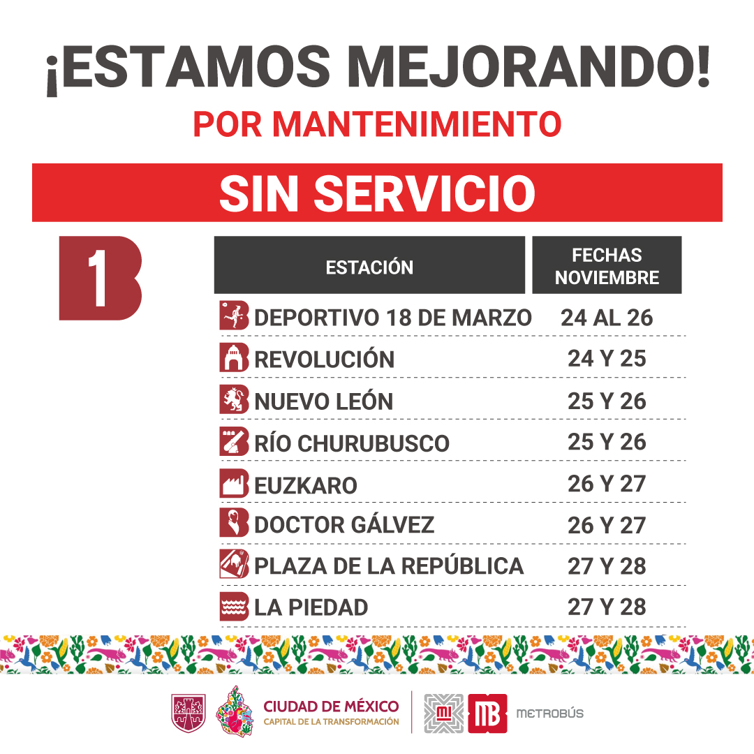MetrobusCDMX's tweet photo. 🔴 #TómaloEnCuenta

Te compartimos los cierres programados en #Línea1 por trabajos de mantenimiento. 

Consulta la información en el link y prevé tu trayecto. 👇🏻🚍

⛓️ https://t.co/oU8f4Ffn0y https://t.co/8EiHnBVfq2