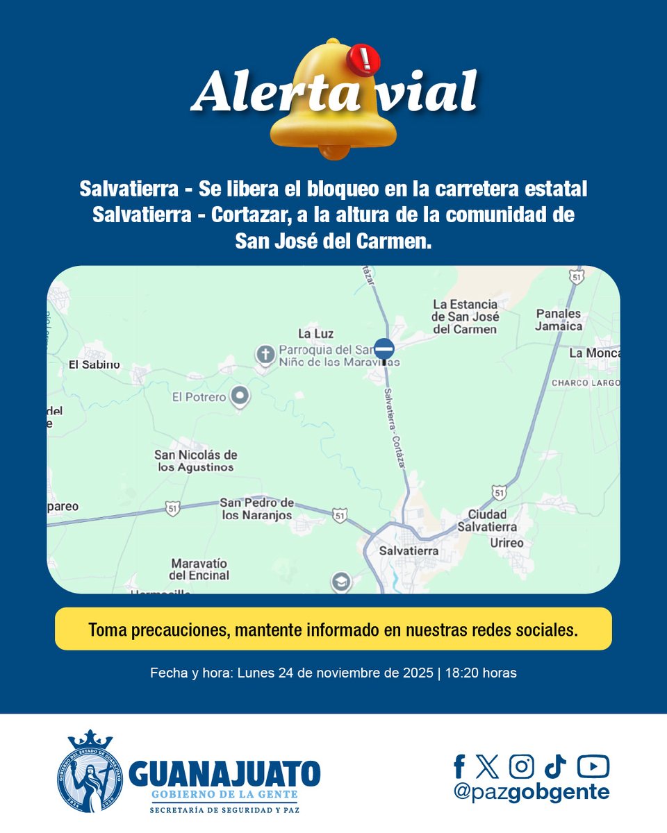 pazgobgente's tweet photo. #AlertaVial 🚧

📍#Salvatierra Se libera el bloqueo en la carretera estatal Salvatierra - Cortazar, a la altura de la comunidad de San José del Carmen.

Toma precauciones, mantente informado en nuestras redes sociales.

📞 Emergencias 9-1-1  

#CONFIA #GuanajuatoEnPaz #ProtecciónCivil