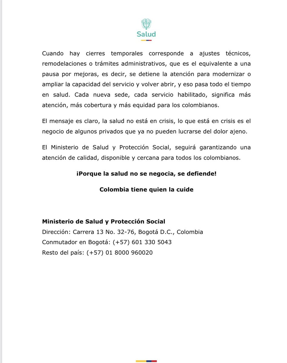 MinSaludCol's tweet image. #Comunicado | Los cierres permanentes de algunos servicios de salud no obedecen a ninguna política del Gobierno ni a una supuesta crisis del sistema, los hechos son claros: quienes están cerrando son instituciones privadas que deciden hacerlo porque no les resulta rentable para…