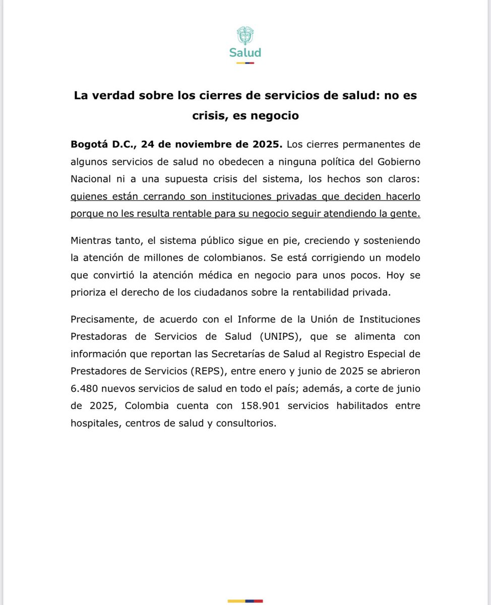 MinSaludCol's tweet image. #Comunicado | Los cierres permanentes de algunos servicios de salud no obedecen a ninguna política del Gobierno ni a una supuesta crisis del sistema, los hechos son claros: quienes están cerrando son instituciones privadas que deciden hacerlo porque no les resulta rentable para…