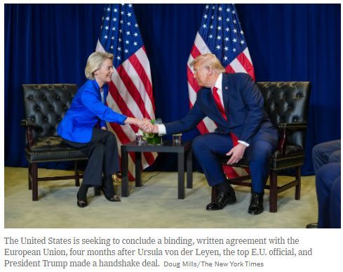 PugetSoundEF's tweet image. Europe and the U.S. reached a broad trade agreement months ago, but they’re still haggling over the details. American officials are visiting Brussels this week and hope to finalize a written deal. buff.ly/KawkJ57