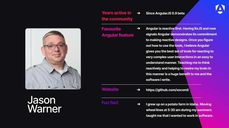 angular's tweet image. Huge shoutout to Jason Warner, a true Angular pioneer who has been with the community since the AngularJS 0.9 beta 🌟 
His message is simple: &quot;Keep learning and building cool things. Our community thrives because we all share what we create and learn from each other.&quot;
Want more…