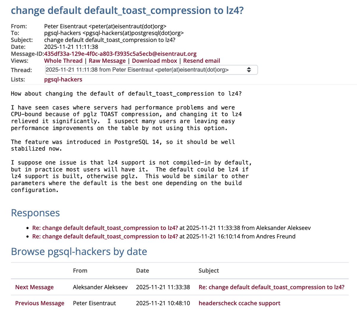 gwenshap's tweet image. Storing JSON in Postgres? You should change `default_toast_compression` to lz4 and save on CPU, memory and storage.

It is supported since pg14, has better cpu/compression tradeoff... and it will soon be the default by default.