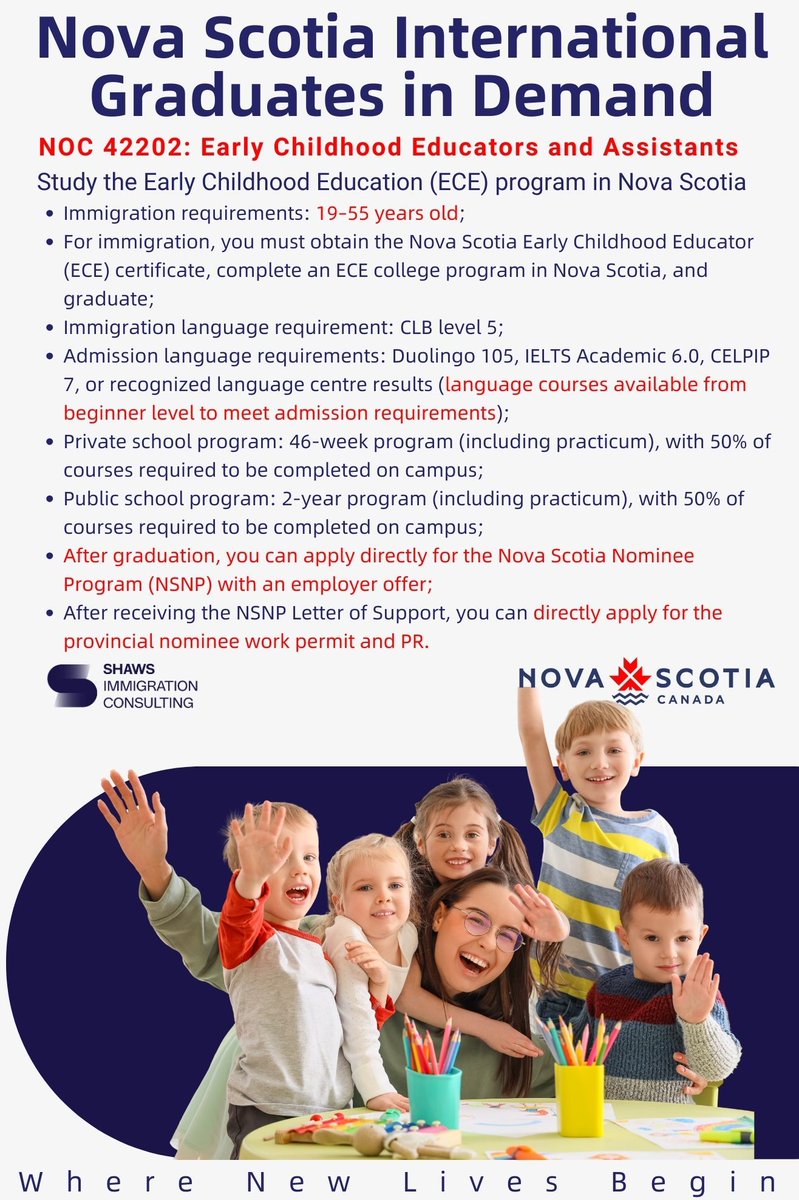 canada_shaws's tweet image. Study the Early Childhood Education (ECE) program in Nova Scotia

After graduation:
With an employer offer, apply directly for the Nova Scotia Nominee Program (NSNP).
After receiving the NSNP support letter, apply for your work permit + PR.

#CanadaImmigration #StudyInCanada #ECE…