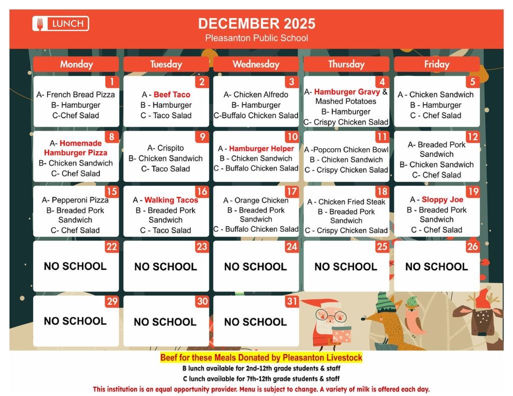 Here are your Breakfast and Lunch Menus for December! Bon Appetit!