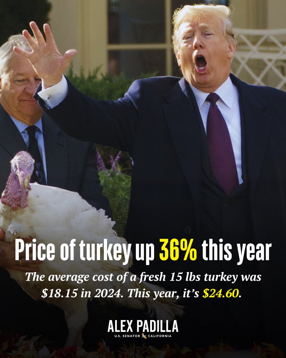 SenAlexPadilla's tweet image. Thanksgiving dinner is going to cost Americans more this year thanks to Trump’s tariffs. 

The cost of turkey alone is up 36% at a time when so many are already struggling to make ends meet. 

Meanwhile, the richest president in history spent the past few months fighting in court…