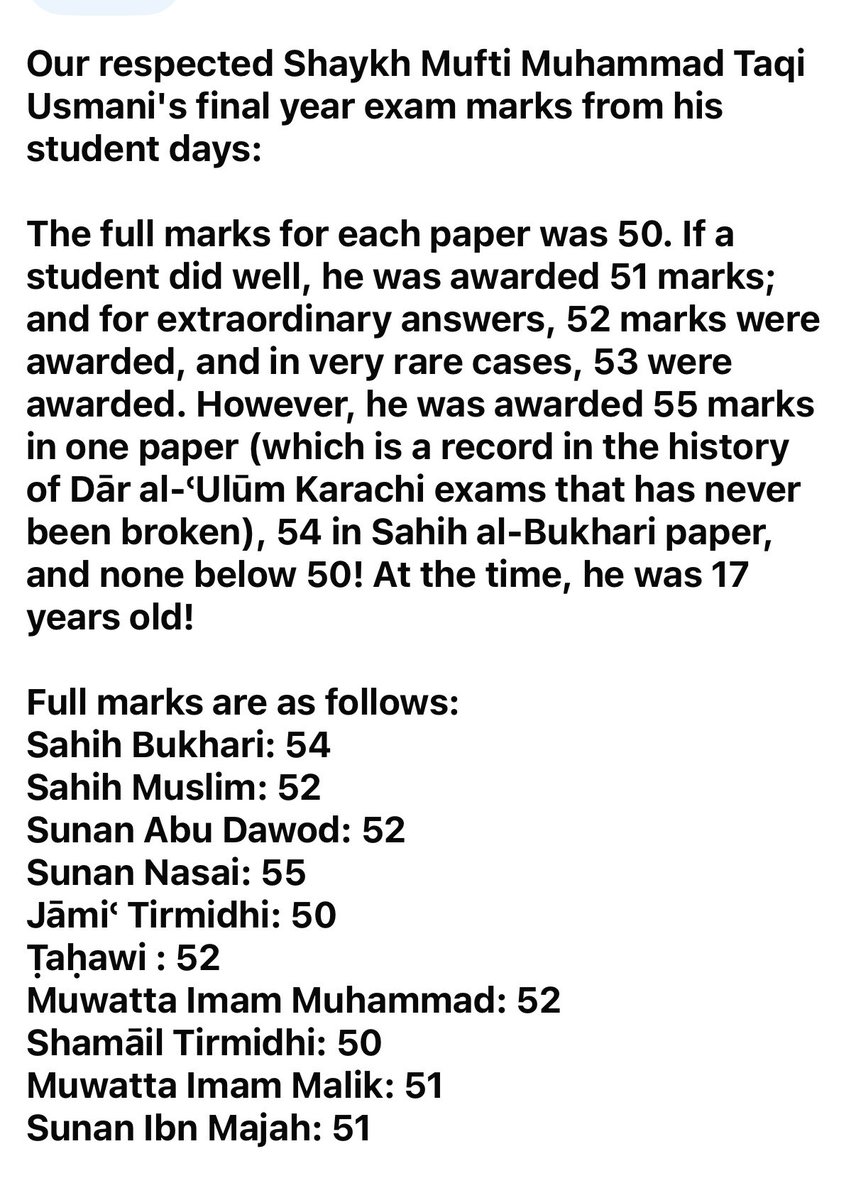 Our respected Shaykh Mufti Muhammad Taqi Usmani's final year exam marks from his student days: