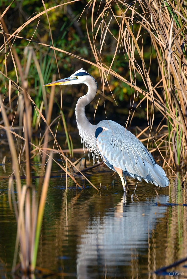 joyful_progress's tweet image. As a passenger in a moving vehicle, I saw a great blue heron fishing in a stream yesterday.

Such sightings bring me joy and remind me of what a blessing it is to be alive.

Here&apos;s an image, courtesy of Grok AI to commemorate the special sight.