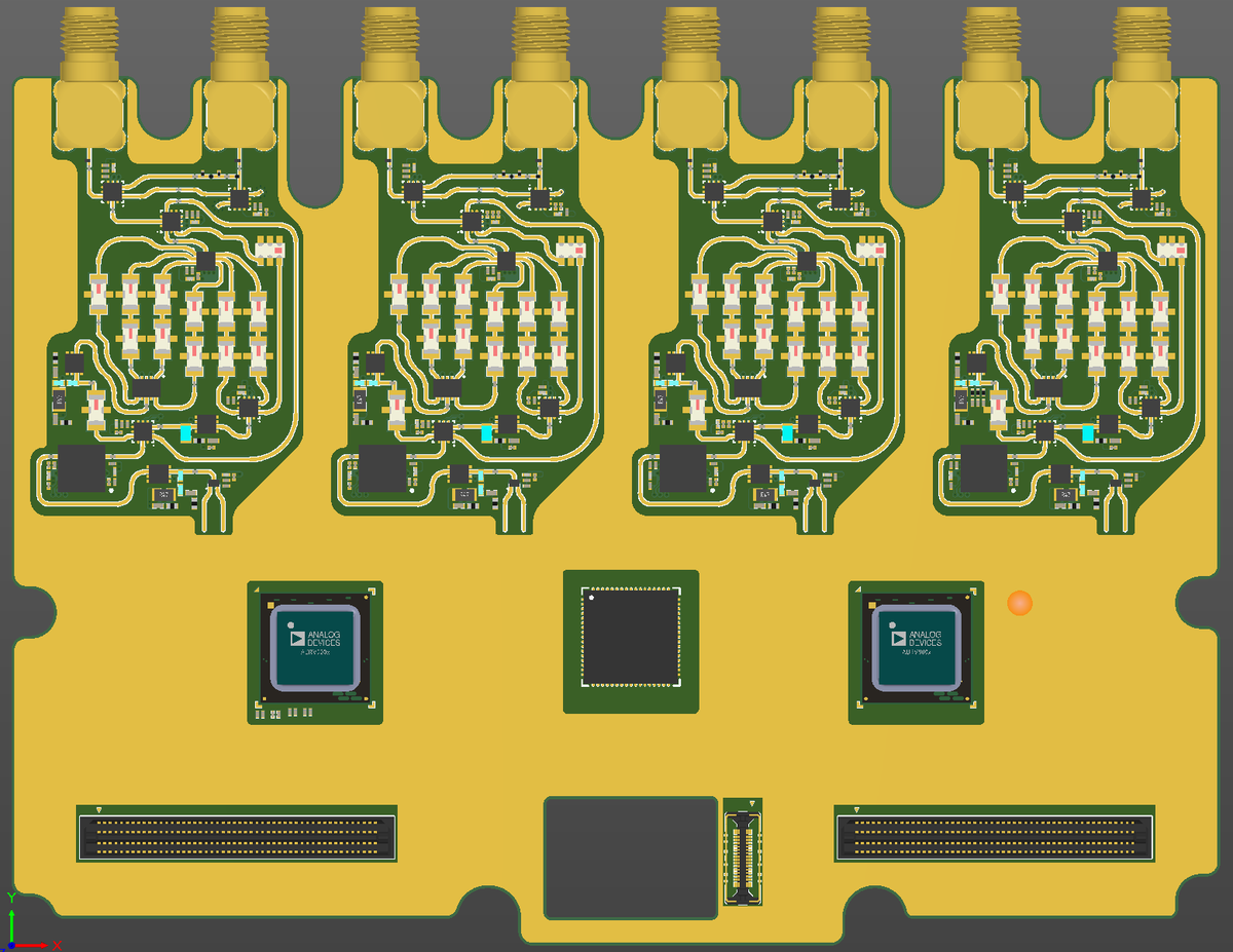 QVHenkel's tweet image. I decided to use a buried via stackup, since the entire transmit chain (only the receive chain is shown here) will have to be located on the bottom side of the AFE board