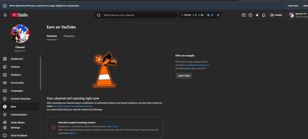 slurpmybread's tweet image. This is like a next level of insane. About 1-2 months ago I started getting demonetized for Harmful Content involving minors on my Sonic YouTube channels. Now because there was NO minors at all involved, I was able to get the first one back after deleting some videos for "policy…