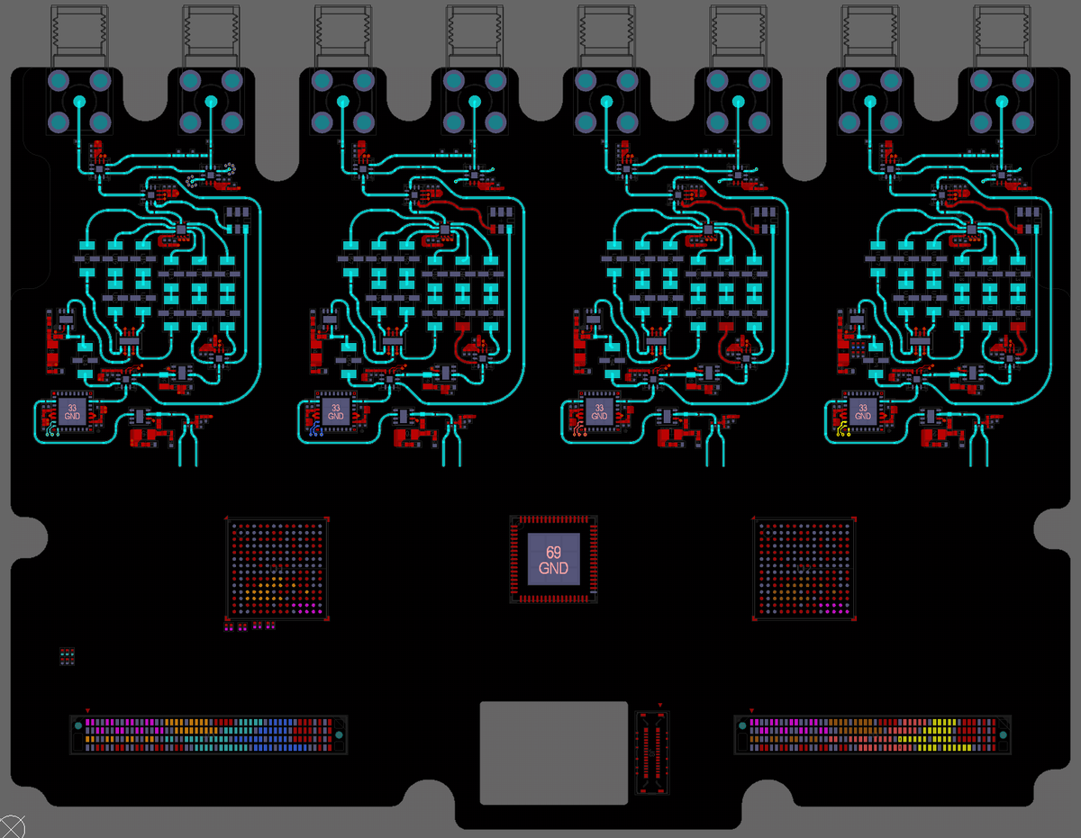 QVHenkel's tweet image. I decided to use a buried via stackup, since the entire transmit chain (only the receive chain is shown here) will have to be located on the bottom side of the AFE board