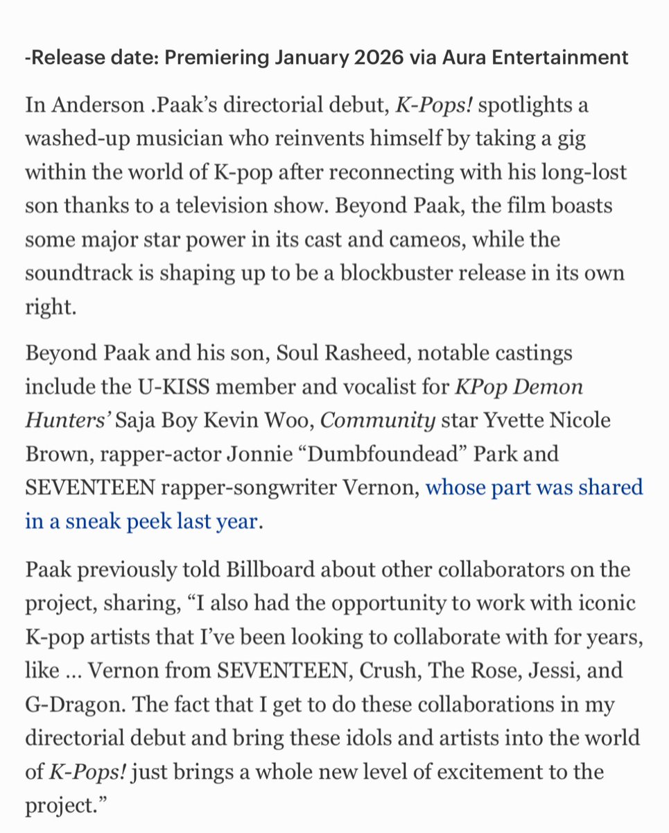 vernonsource's tweet image. anderson paak talking about his movie k-pops!
📽️ release date: premiering january 2026

“i also had the opportunity to work with iconic kpop artists that i’ve been looking to collaborate with for years, like vernon from seventeen, (…) the fact that i get to do these…