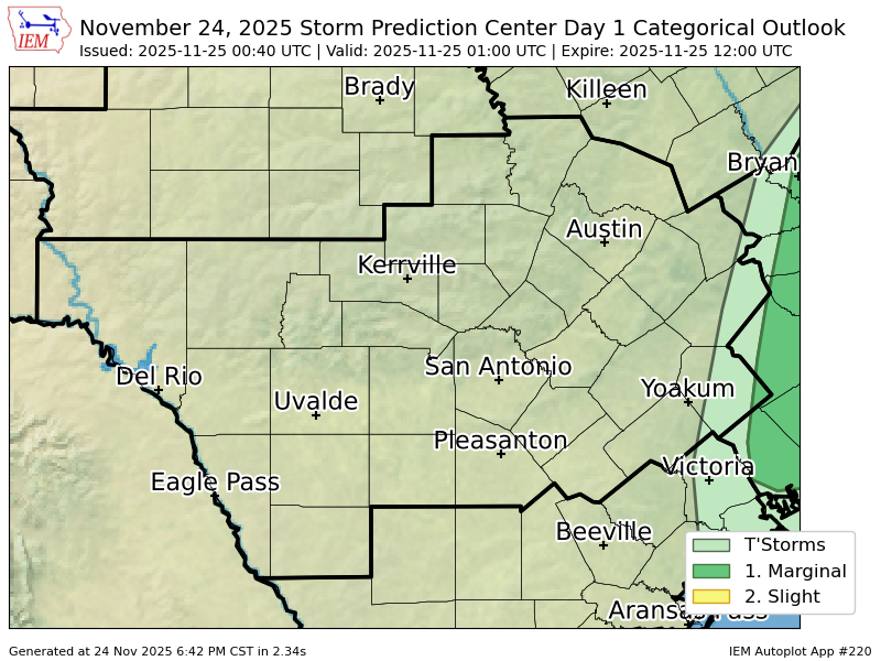 EWXBot's tweet image. #SPC issues Day 1 Marginal Convective Risk at Nov 25, 0:40z for EWX spc.noaa.gov/products/outlo…